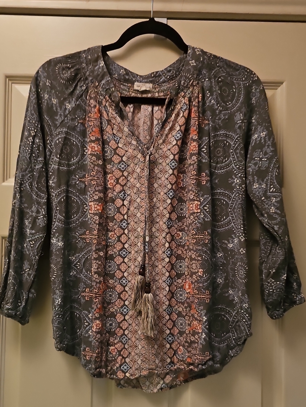 Boho Gray Patterned Peasant Tunic with Tassel Tie